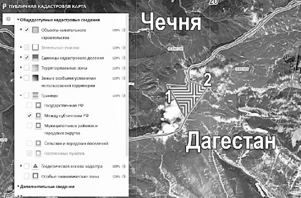 1. Кадастровое деление (показывает участок в границах Дагестана) 2. Граница между субъектами РФ. Заштрихованный участок между границами – спорная территория